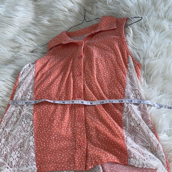Exhilaration orange peach sheer Floral lacy button front Highlow shirt blouse - Picture 13 of 17